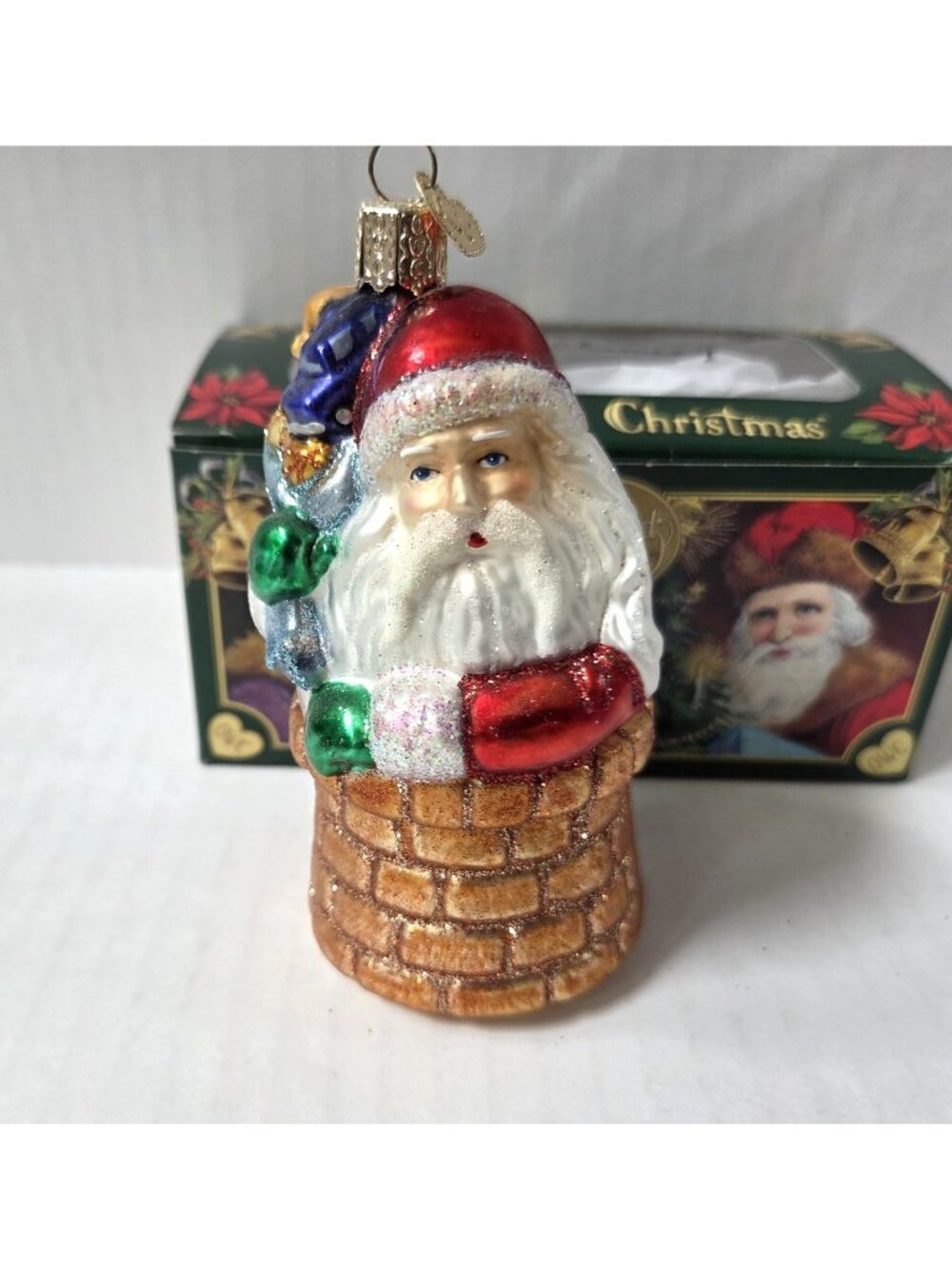 Old World Christmas Down the Chimney Santa Glass Blown Ornament Tree Gift Box